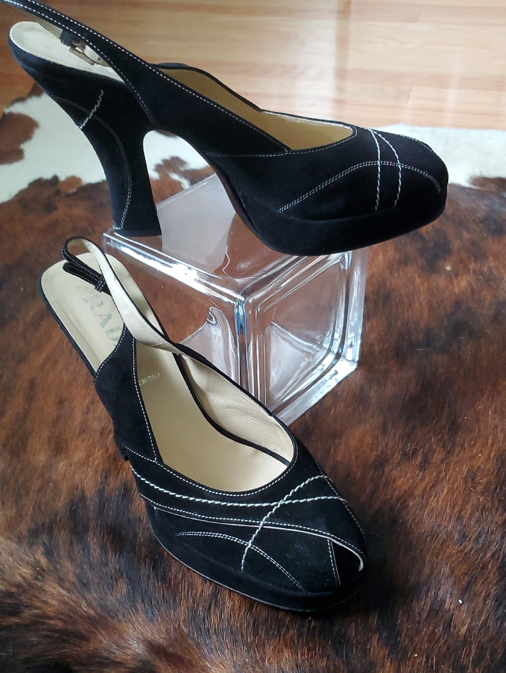 Prada Black Suede Slingback Heels with White Stitching